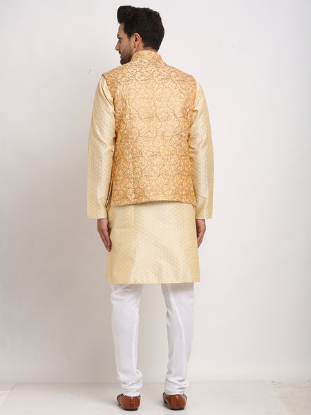 Treemoda Ethnic Brocade Beige Kurta Pajama With Rose Gold Nehru Jacket For Men