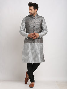 Treemoda Ethnic Brocade Grey Kurta Pajama With BlackGrey Nehru Jacket For Men