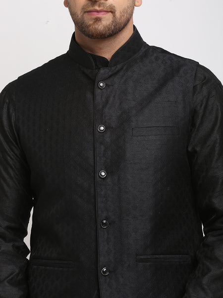 Treemoda Ethnic Brocade Black Kurta Pajama With Black Nehru Jacket For Men