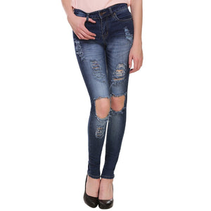 Women's Skinny Fit Mid-Rise Light Fade High Distress Streachable Jeans