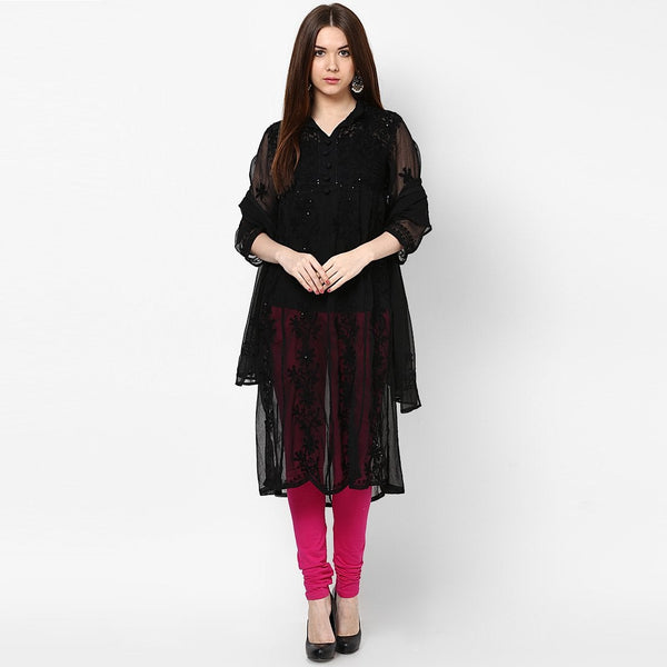 Women Lucknow Chikan Georgette Black Kurti