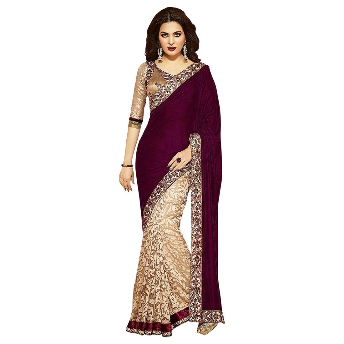 beige color embroidered saree for women