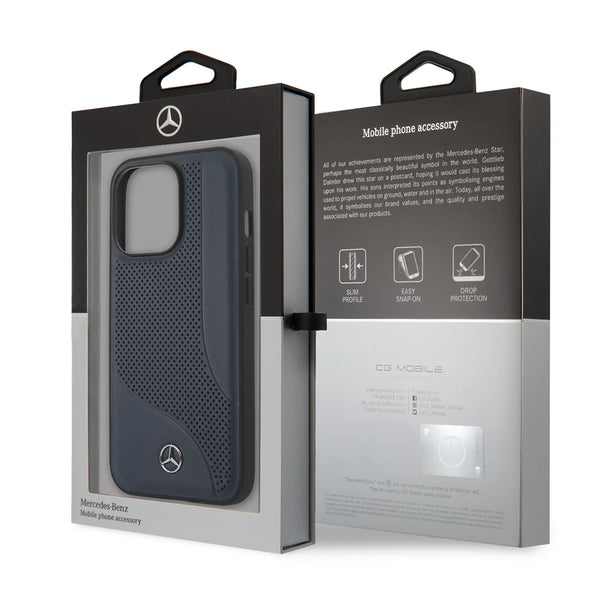 Mercedes-Benz Leather With Perforated Area & Embossed Lines Case for iPhone 14 Series - Black & Navy Blue
