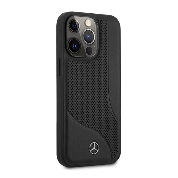 Mercedes-Benz Leather With Perforated Area & Embossed Lines Case for iPhone 14 Series - Black & Navy Blue