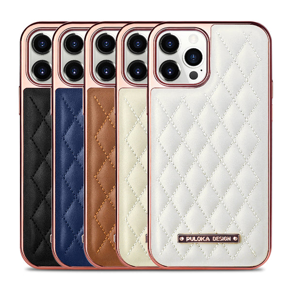 PULOKA Leather Diamond Design Electroplated Back Case for iPhone