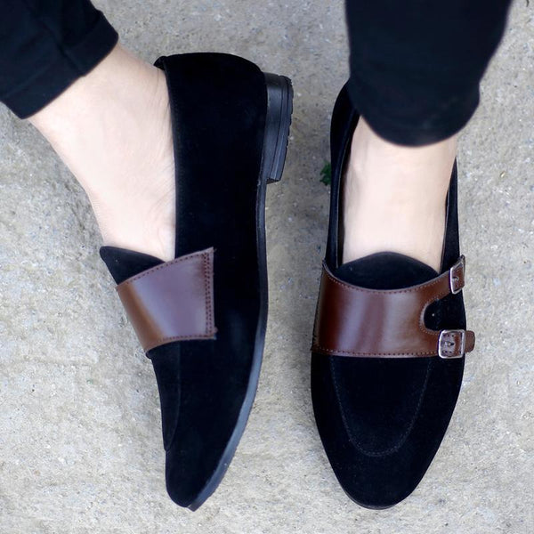 Treemoda Black Suede Monk Strap Shoes For Men