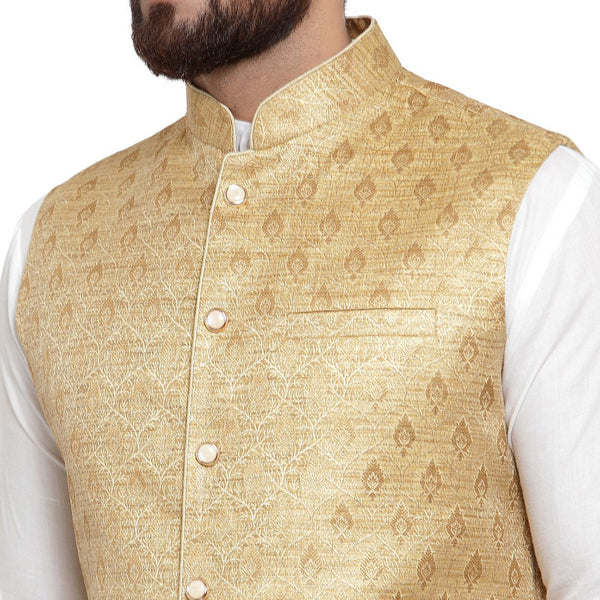 New Designer Men Golden Brocade Nehru Jacket By Treemoda