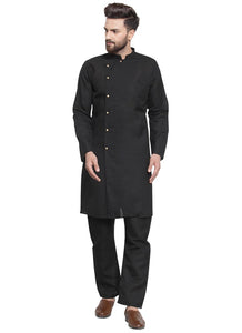 Black Kurta With Aligarh Pajama Set in Linen for men by Treemoda
