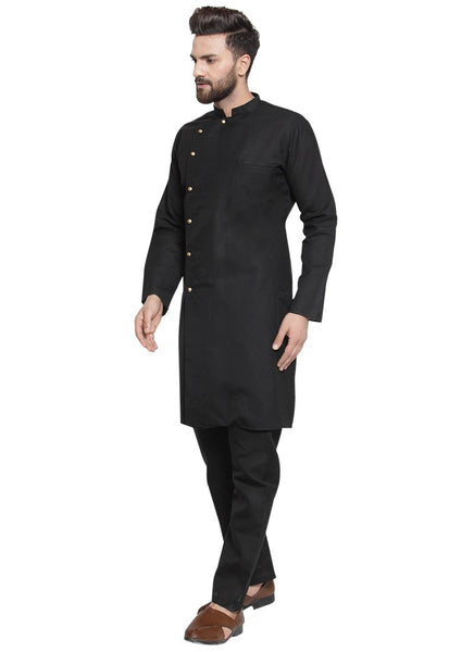 Black Kurta With Aligarh Pajama Set in Linen for men by Treemoda