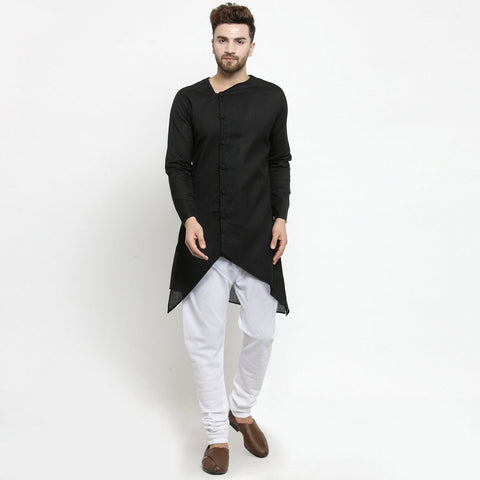 Designer Black Linen Kurta With Chudidar Pajama For Men By Treemoda