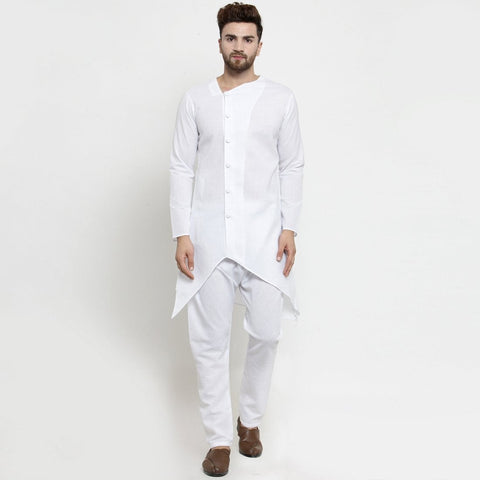 Designer White Linen Kurta With Aligarh Pajama For Men By Treemoda