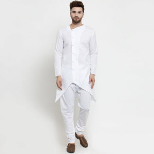 Designer White Linen Kurta With Chudidar Pajama For Men By Treemoda