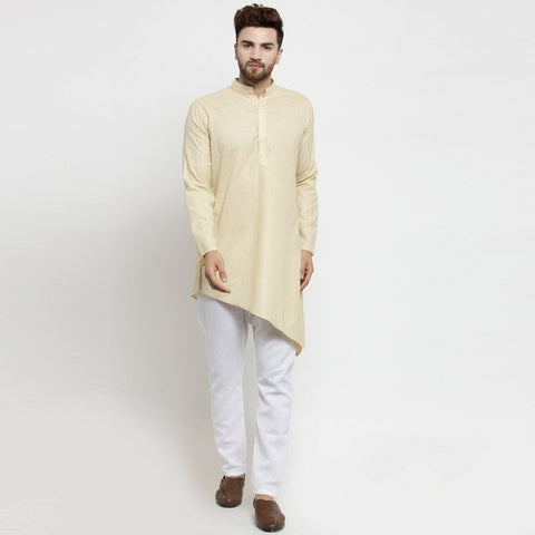 Designer Beige Linen Kurta With Aligarh Pajama For Men By Treemoda