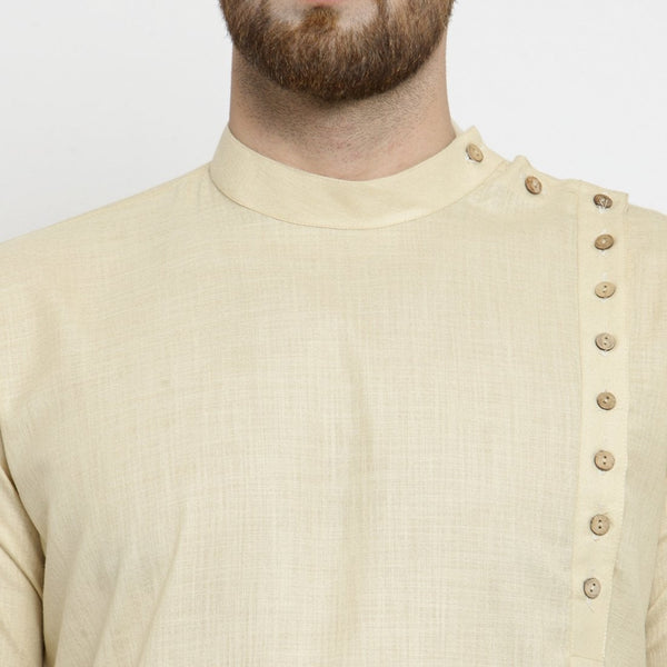 Designer Beige Linen Kurta With Aligarh Pajama For Men By Treemoda