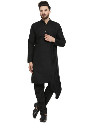 Black Kurta  With Aligarh Pajama Set in Linen For Men by Treemoda
