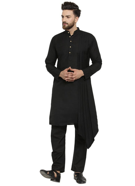 Black Kurta  With Aligarh Pajama Set in Linen For Men by Treemoda