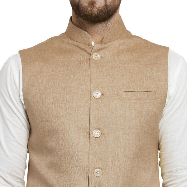 Woven Art Silk Jacquard Nehru Jacket in Light Beige : MHG2368