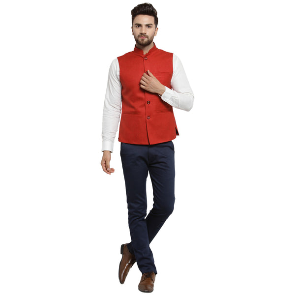 Treemoda Crimson Red Nehru Jacket For Men Stylish Latest Design Suitable for Ethnic Wear/Wedding Wear/ Formal Wear/Casual Wear