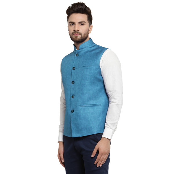 Treemoda Turquoise Blue Nehru jacket For Men Stylish Latest Design Suitable for Ethnic Wear/Wedding Wear/ Formal Wear/Casual Wear