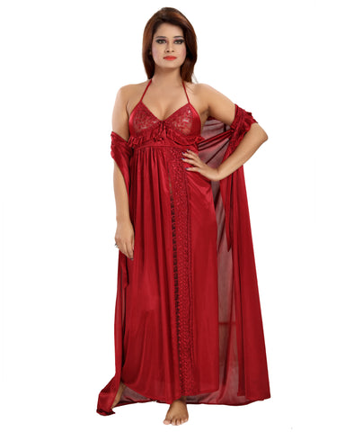 Women's Stain Full Length Night Gown(Maroon)