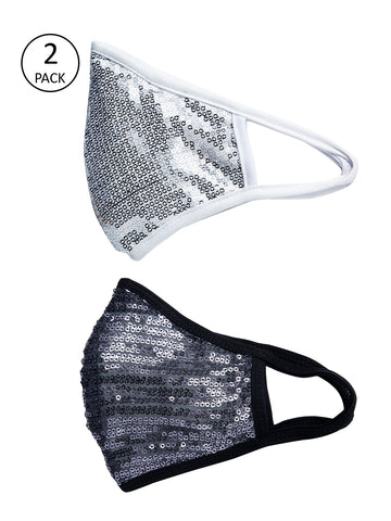 Silver and Black With Sparkling Glitter Sequin Women Fashion Reusable Face Mask (Pack of 2)
