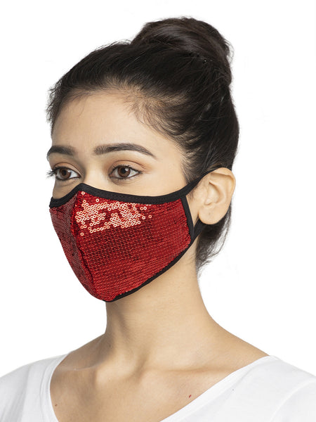 Red and Black With Sparkling Glitter Sequin Women Fashion Reusable Face Mask (Pack of 2)