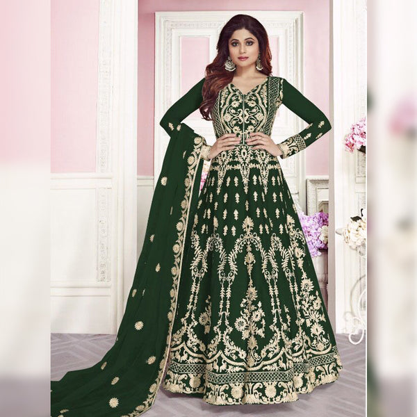 Semi-Stitched Gown With Silver Embroidery and Net Dupatta for Party Wear