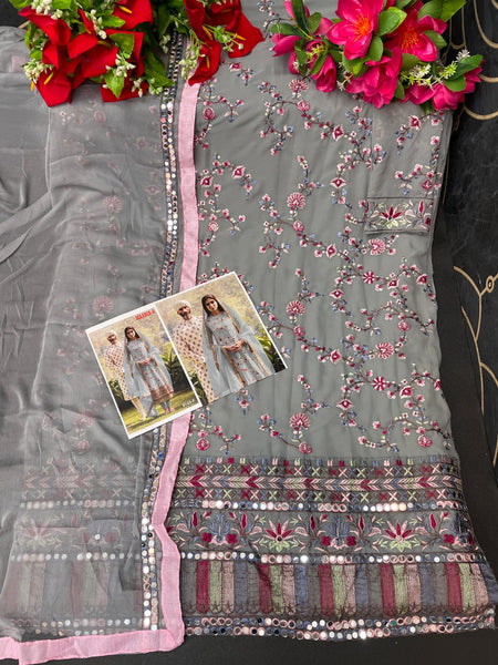 Heavy Georgette With Multi Thread Embroidery Work suit With Real Mirror {Semi-Stitched}