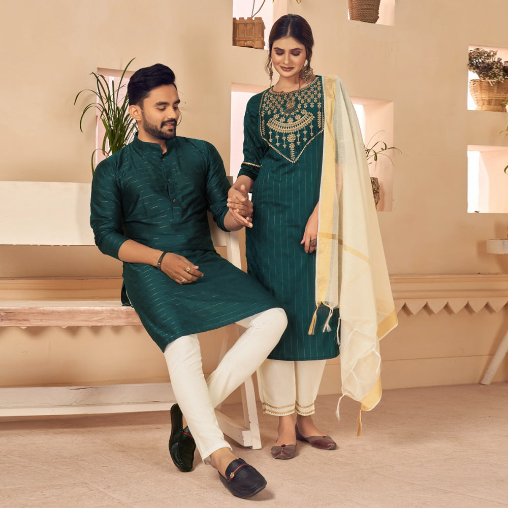 Bottle Green Couple Ethnic Set Fully Stiched  In Heavy Georgette Suit With Embrodery and Diamond Stone Work