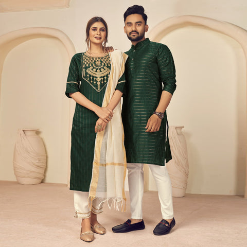 Dark Green Couple Ethnic Set Fully Stiched  In Heavy Georgette Suit With Embrodery and Diamond Stone Work