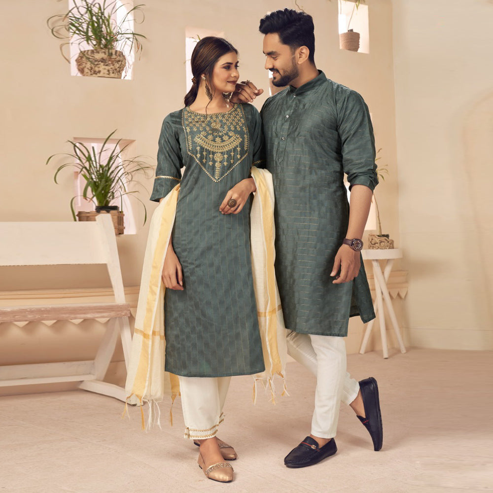 Grey Couple Ethnic Set Fully Stiched  In Heavy Georgette Suit With Embrodery and Diamond Stone Work