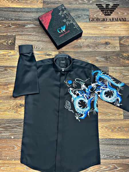 Premium Printed Black Cotton Sation Fabric Shirts For Men - Dragon Print