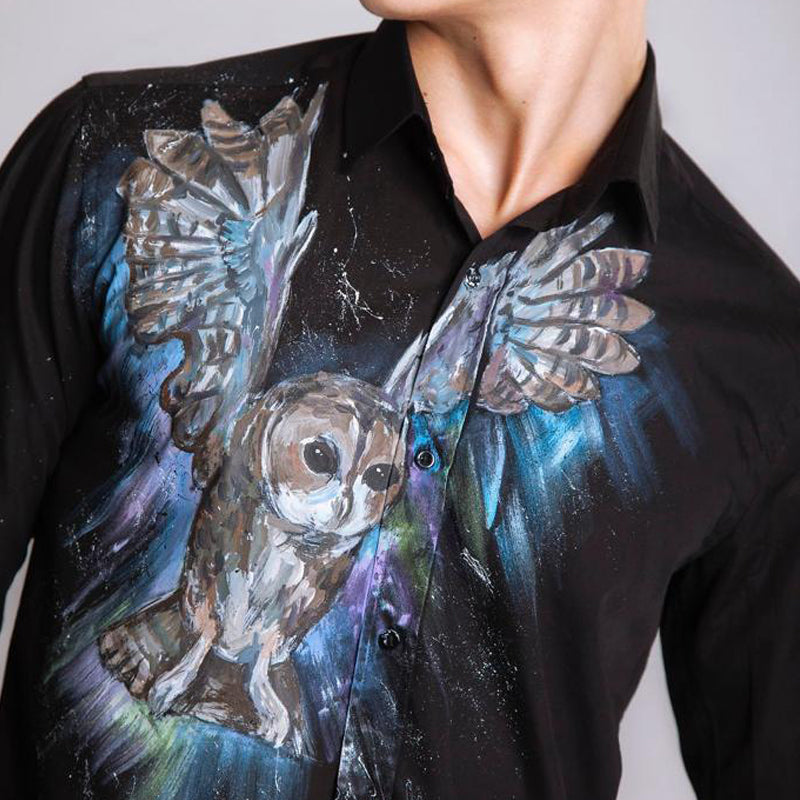 Club/Party Cotton Satin Black Shirt - Owl Print