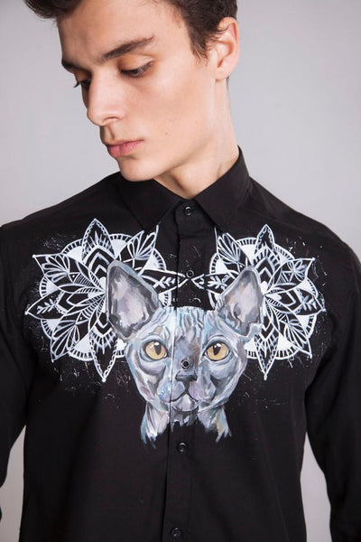 Party/Club Cotton Satin Black Shirt - Sphynx Cat Print