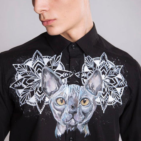 Party/Club Cotton Satin Black Shirt - Sphynx Cat Print
