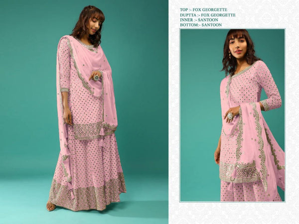 (Semi-Stitch)  Faux Georgette (With Embroidery Work + Beautiful  & Sequence Work)