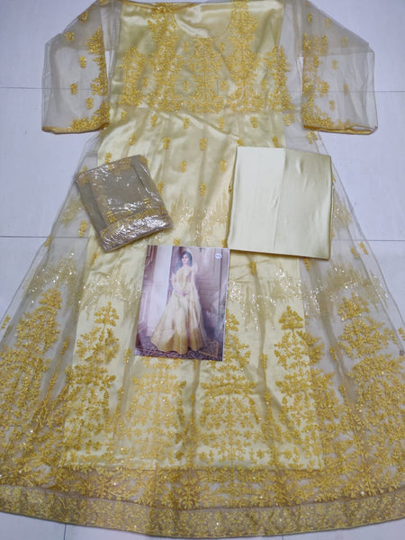 Semi Stitched Heavy Butterfly Net with Embroidery Chaine Stitch work Gown