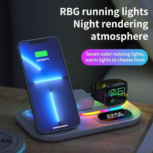 4 in 1 Wireless Foldable Fast Charger with Digital Clock, RGB Light and Charging slots for iPhone, Airpods & Smart Watch
