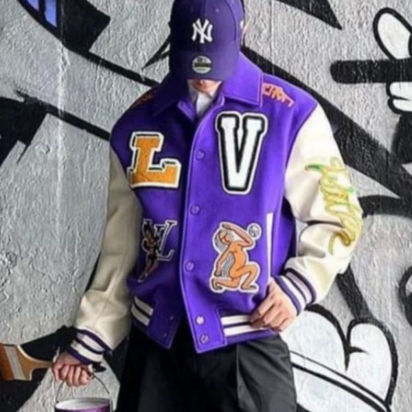 Multi-Patches Mixed Leather Varsity Jacket