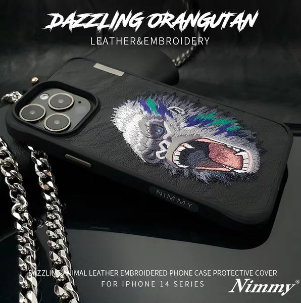 NIMMY 3D Embroidered Orangutan Leather Case for iPhone 13 & 14 Series