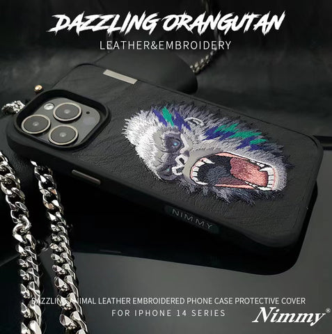NIMMY 3D Embroidered Orangutan Leather Case for iPhone 14 & 15 Series