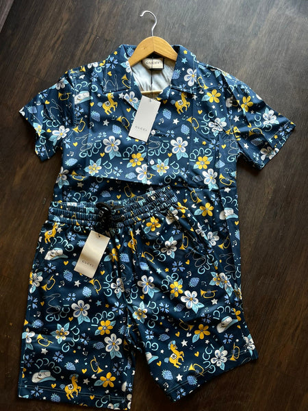 Retro Flower Pony Print Cotton Bowling Shirt And Shorts