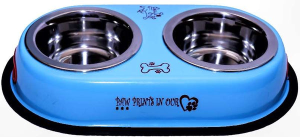 Blue Colored Printed Dogs Double Diner Box Feeding Set With 900ml X 2 Bowls