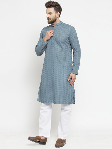 Grey Cotton Chikankari Lucknowi Jaal Embroidered Kurta with Aligarh Pajama For Men  by Treemoda