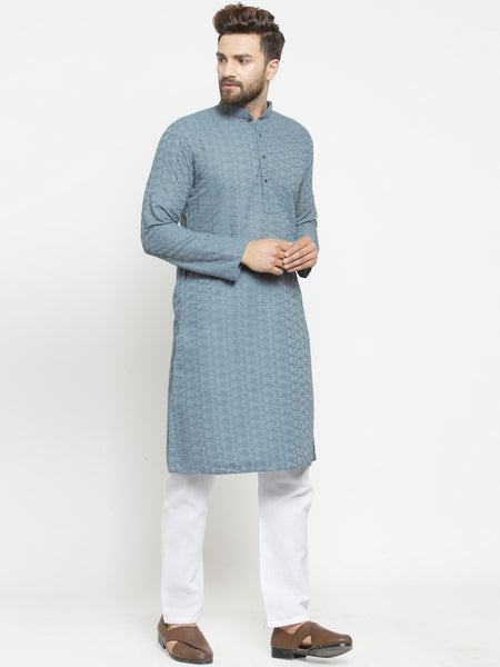 Grey Cotton Chikankari Lucknowi Jaal Embroidered Kurta with Aligarh Pajama For Men  by Treemoda