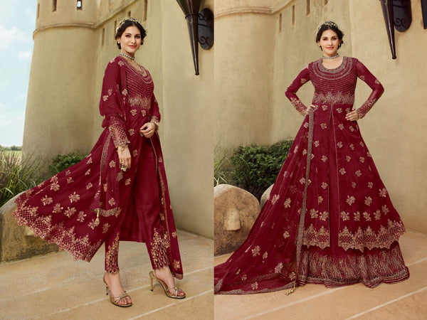 {Semi Stitched} Designer Soft Net with Embroidery work Suit
